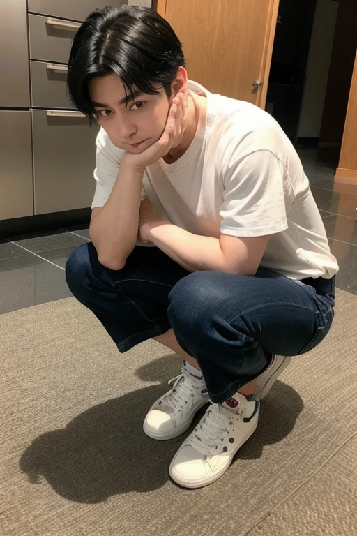 Anime boy with his hands on his face and his feet on the table