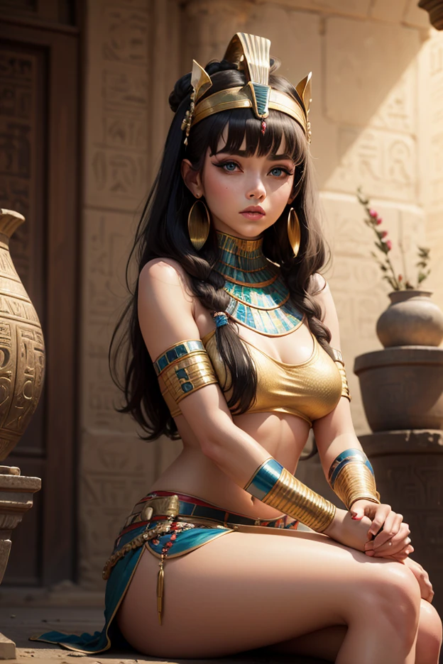 cleopatra, Greeks, queen of Egypt, (Ancient Egyptian Wig, Gold and gemstone wigs), (beautiful detailed face and eyes), green eyes, black hair, hair slicked back, bowl cut, light skin, finely detailed skin, (Ancient Egyptian Clothing), Egypt Dressup, gorgeous gold jeweled necklace, earrings, 1girl, solo, (Sitting on an Ancient Egyptian Throne:1.2), (Pyramids and desert in background), best quality, (masterpiece:1.2), high quality, Highres, (hyper detailed), (portrait), photorealistic, 4K, ultra HD, insanely detailed and intricate, high resolution, HDR, extremely detailed CG, f 2.8 lens, (beautiful detailed background), detailed landscape,