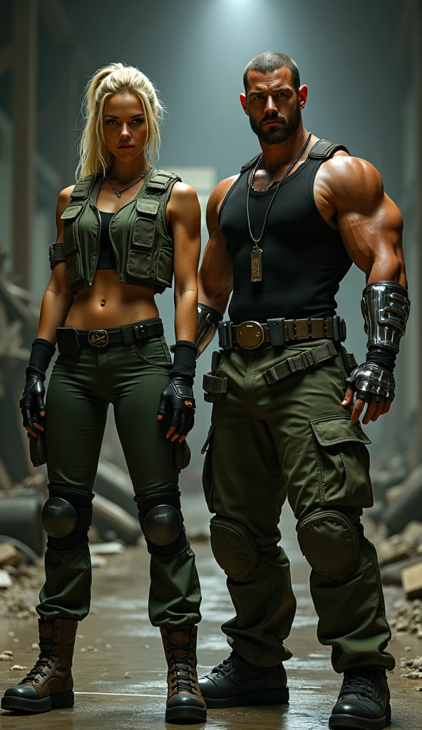 A muscular young rebellious and wild black male werewolf monster (afro) bald and bearded man side by side with a beautiful exuberant and perfect young white woman, blonde haired ariana, very long detective, Policerman, investigator in uniform and armed walking through a forest at night running courageously together