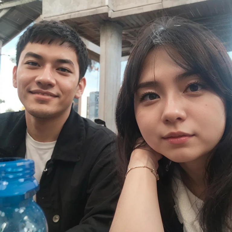 young couple, Indonesia, wearing casual clothes sitting on a cafe chair, faint smile cafe page background, There are 2 glasses of juice on the table, very detailed 8k