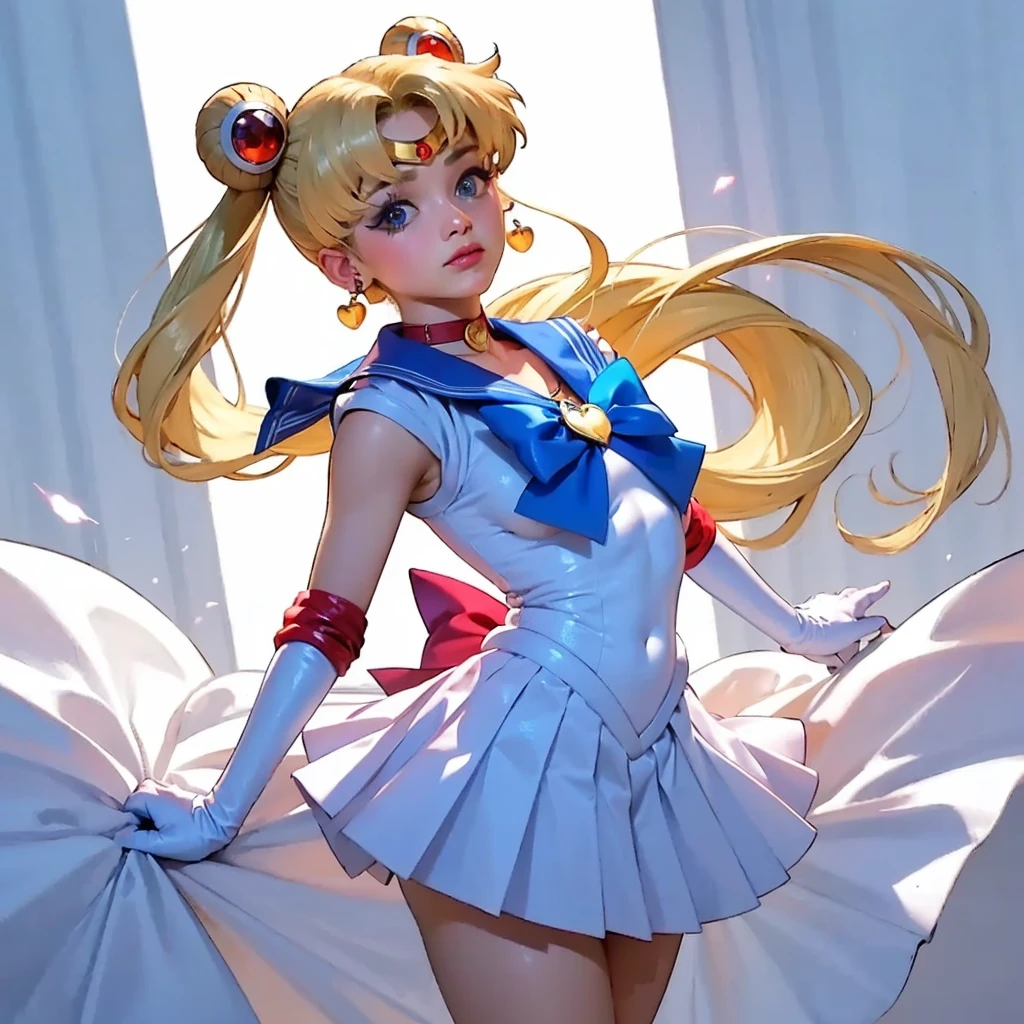 In the realm of masterpiece art, behold the enchanting image of a solo girl embodying the essence of Sailor Moon, Tsukino Usagi. With her blonde, long, wavy hair framing her beautiful blue eyes, she dons the iconic sailor senshi uniform with pride. The white collar adorned with a red crescent moon rests atop her shoulders, collarbones exposed. Her twintails, held in place by red bows and crescent earrings, cascade down her back. Gloves covering her elbows complete the iconic look.

Her sailor collar, a mesmerizing blend of blue and white hues