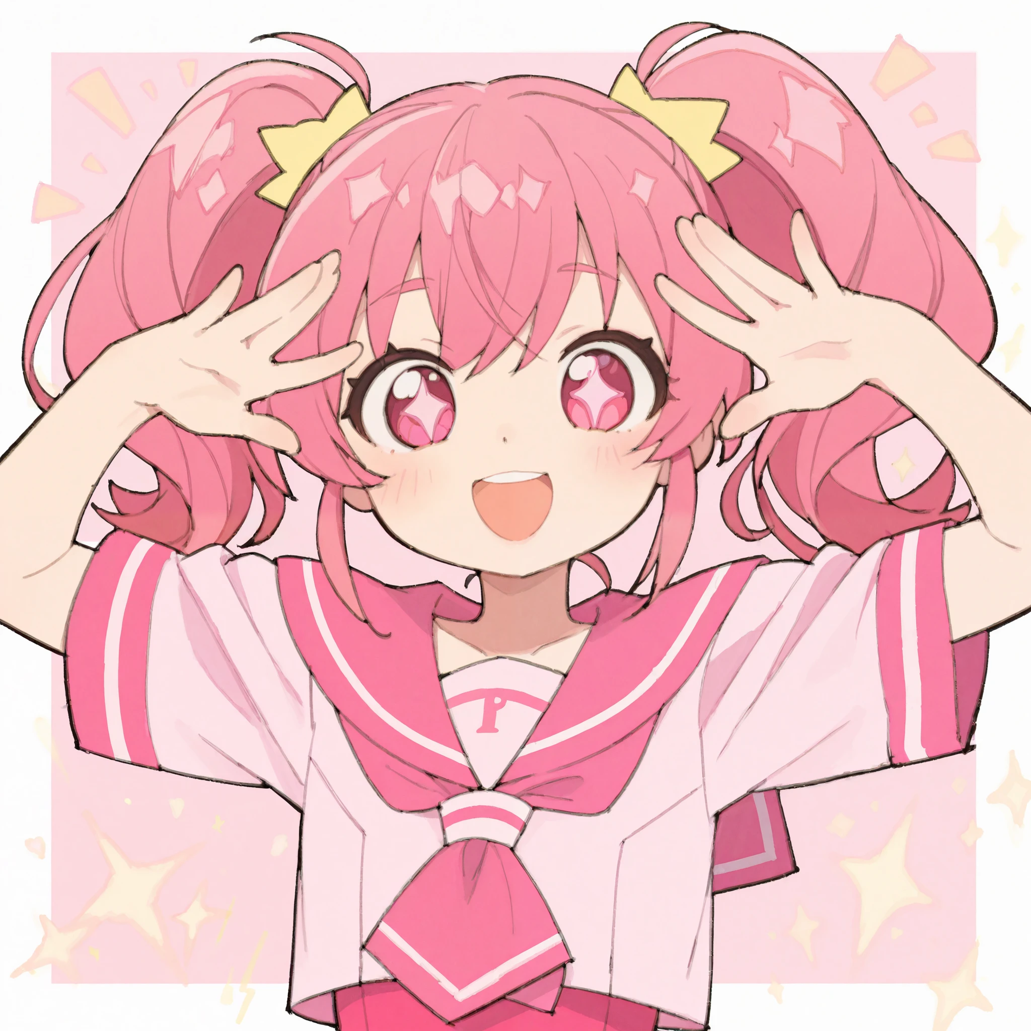 1 girl、pink long twin tails、The bangs are princess cut。
my eyes are slightly reddish pink。sagitales、Brow、cute、is wearing a pink sailor suit。smiling with open mouth、smile、cute pose。From the chest up