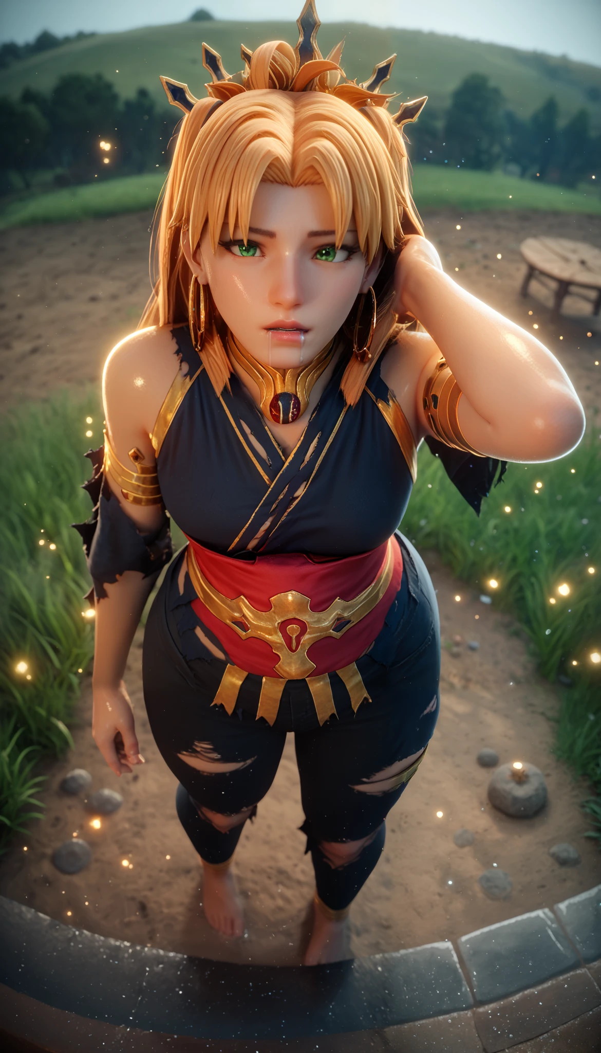 score_9, score_8_up, score_8, score_7_up, bouqtm, ishtar_(fate), green_eyes, parted bangs, long_hair, jewelry, earrings, black_hair, armlet, crown, two_side_up, small_breasts, hoop_earrings, ribbon, plump, shiny skin, drooling, anatomical correct, thigh, tick, torn, water drop, dusty, haori, pants, obi, standing, field, geta, from above, fisheye, (bokeh)