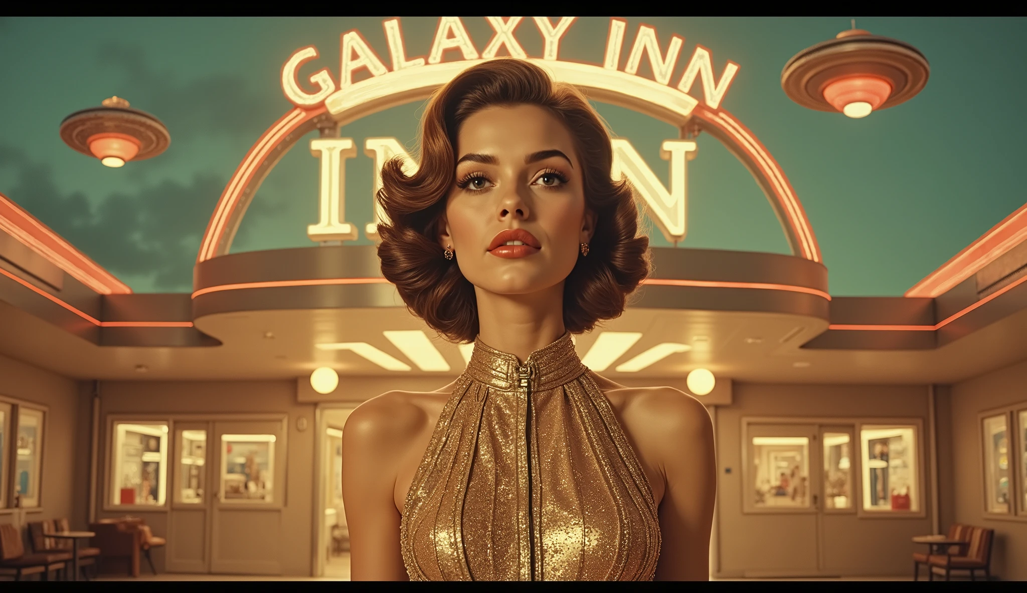 (safe for work, enough clothing to cover objectionable parts making it safe for work) An alien princess(Lalisa Manobal, age 25), dressed in flashy body jewelry and sheer colorful silks tells Captain Kirk she has never experienced this Love. Seductive poses, sultry stare (50's star trek) (show all of her head to tow, show her entire body, full body)
