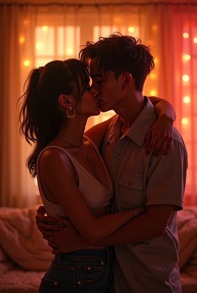 Make a pic boyfriend and girlfriend whose name is "avantika" on his print white suit "govind" print oh boys t black t shirt and both are kiss each other and they seat on the bed they are preparing for sex  