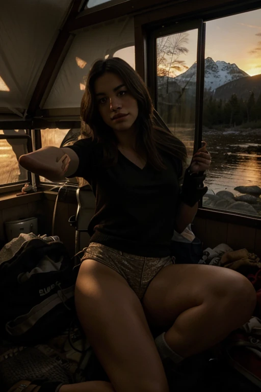 1 mujer joven((selfie de la parte superior del cuerpo, feliz)), pelo rubio, obra maestra, mejor calidad, ultra detallado, solo, al aire libre, (noche), mountains, Naturaleza, (estrellas, luna), tetas turgentes 30G, alegre, feliz, mochila, bolsa de dormir, estufa de camping, botella de agua, Mountain boots, guantes, Sweater, tiene, Linterna, bosque, rocas, river, madera, fumar, oscuridad, contraste, cielo limpio, analog style (mirar al espectador:1.2), (Textura de la piel), (film grain:1.3), (warm tone, warm tone)