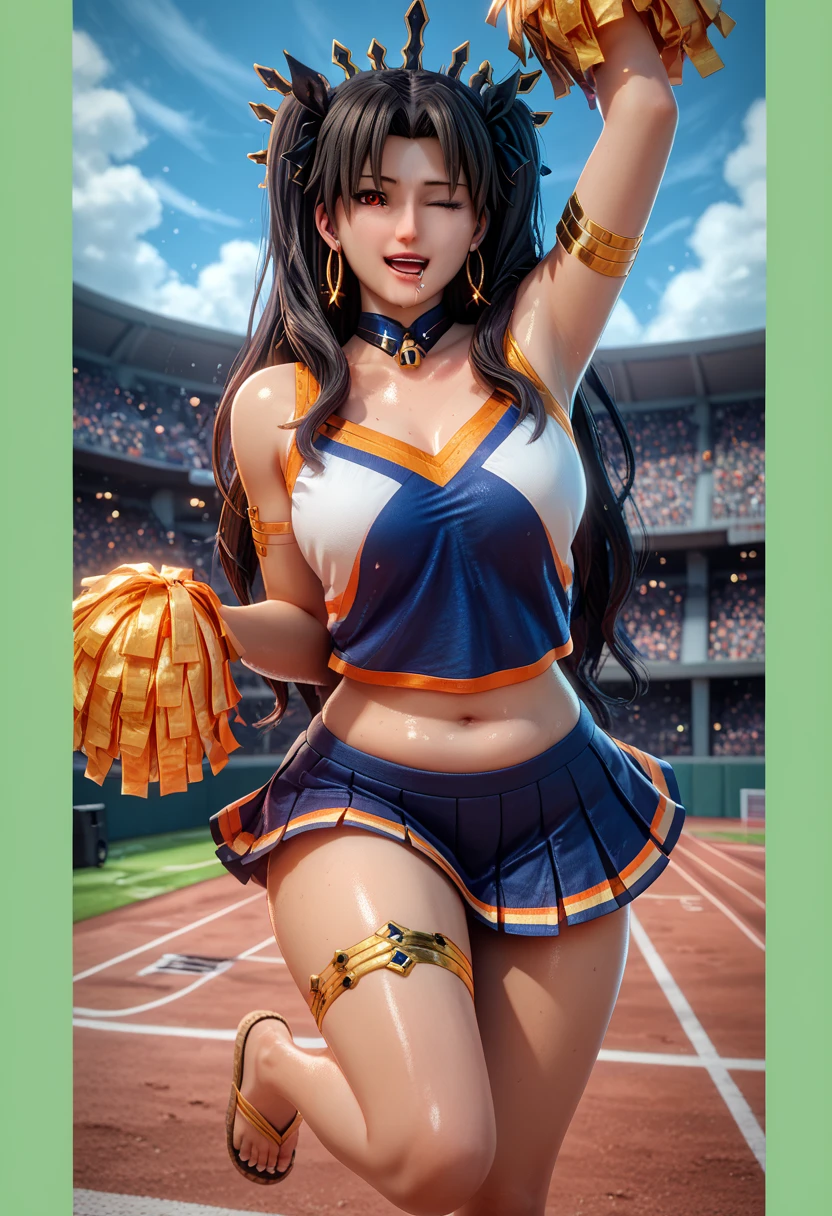score_9, score_8_up, score_8, score_7_up, bouqtm, ishtar_(fate), red_eyes, parted bangs, long_hair, jewelry, earrings, black_hair, armlet, crown, two_side_up, small_breasts, hoop_earrings, ribbon, plump, shiny skin, drooling, anatomical correct, 1girl, breasts, pom pom \(cheerleading\), cheerleader, solo, skirt, one eye closed, navel, smile, midriff, crop top, open mouth, full body, panties, field, looking at viewer, underwear, white background, pleated skirt, thigh strap, thighs, sandals, sleeveless, arm up, bare shoulders, choker, cloudy sky, dusk, flabby stomach