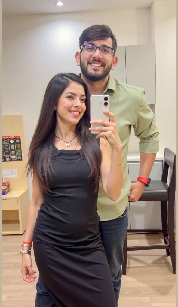there is a man and a woman standing in a hallway looking at a cell phone, powder Nándor Katona, imagem de qualidade muito baixa, selfie apaixonada, lovely couple, pose de casal, They are in love, 8k 50mm iso10, foto de baixa qualidade, 1614572159, foto muito precisa
