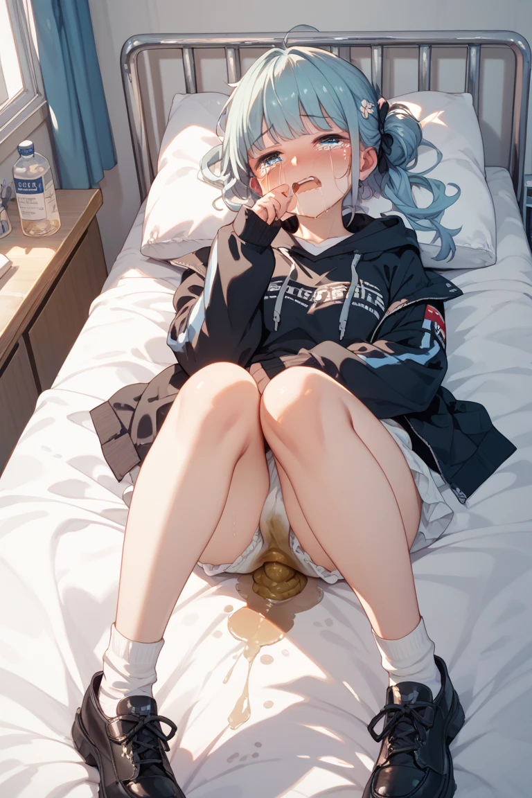 girl with pale skin and beautiful blue eyes,short, wavy white hair with blue tips. He wears a light blue sweater that shows from his shoulders to a large part of his chest.,He wears black pants and winter boots..she is a snow elf. she is lying on the edge of a bed,with an expression of annoyance at the same time as blushing and embarrassed

