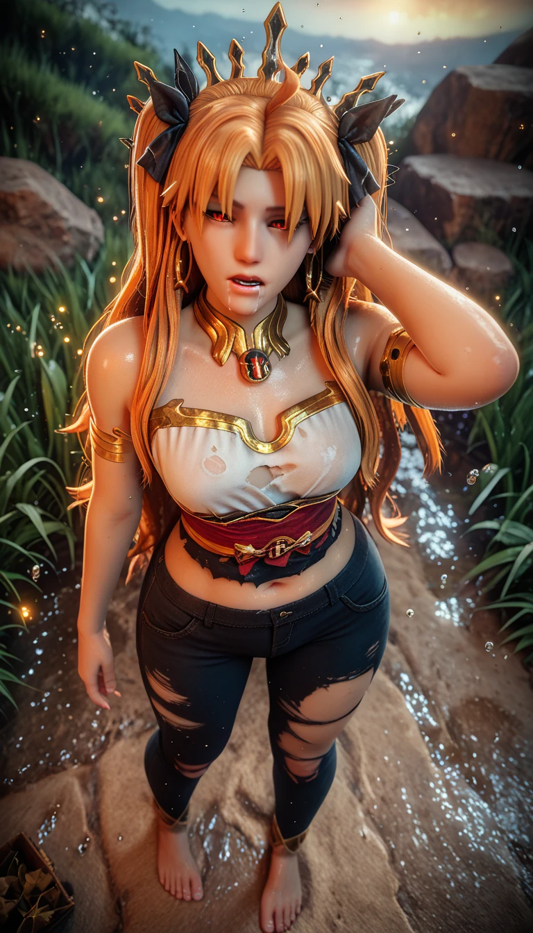 score_9, score_8_up, score_8, score_7_up, bouqtm, ishtar_(fate), red_eyes, parted bangs, long_hair, jewelry, earrings, black_hair, armlet, crown, two_side_up, small_breasts, hoop_earrings, ribbon, plump, shiny skin, drooling, anatomical correct, thigh, tick, torn, water drop, dusty, haori, pants, obi, standing, field, geta, from above, fisheye, (bokeh), narrowed eyes