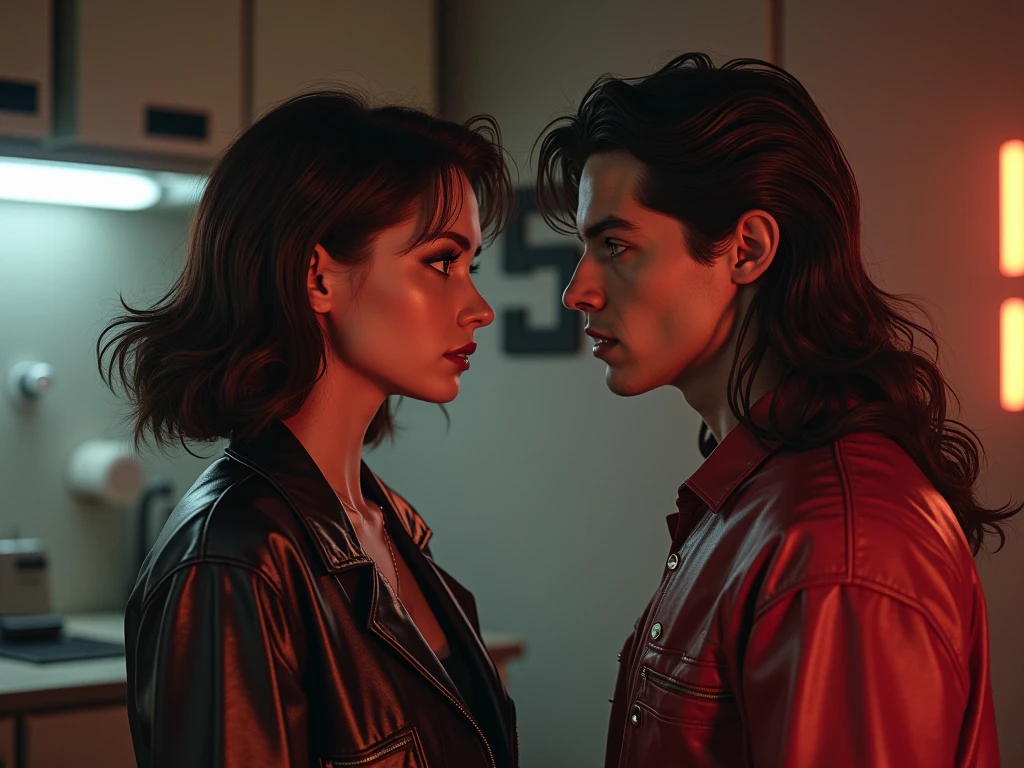 ArsMovieStill, movie still from a 1990s indie movie, The image shows a man and woman standing next to each other on a bridge with a railing in front of them. In the background there is a bridge with lights a pole and a sky. The image is slightly blurred giving it a dreamy romantic feel., 1girl, 1boy, leather jacket, jacket, brown hair, long hair, realistic, jewelry, leather, blurry