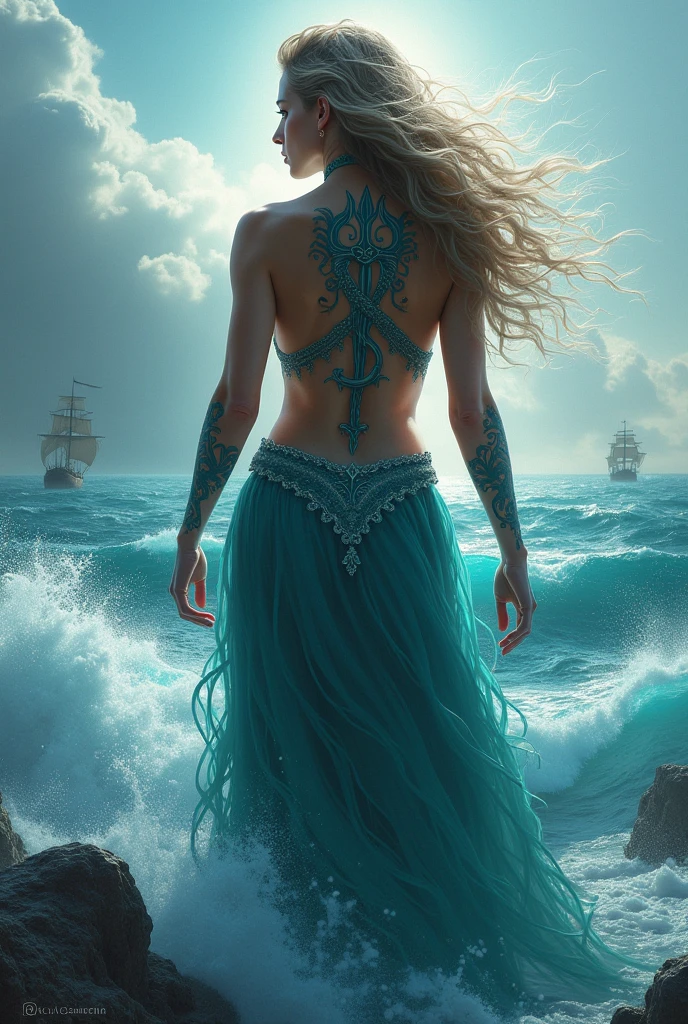 Generate an image of a beautiful girl on a fantasy beach at sunset, wearing a bikini adorned with soft, glowing patterns that mimic the colors of the sky and ocean. The setting is a mystical shoreline with waves that sparkle with golden light, and the sand is sprinkled with magical runes. Her bikini should have delicate embroidery, with gemstones and flowing fabric that adds an ethereal touch. The overall scene is warm, magical, and romantic, blending fashion with fantasy