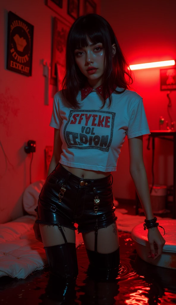 photo of extremely sexy (AM190_Brigitte:0.99), a teen girl 15 as a sexy student, ((full length:1.3)), modelshoot style, (extremely detailed CG unity 8k wallpaper), masterpiece, trending on CGSociety, Intricate, High Detail, Sharp focus, dramatic, photorealistic, (plain black t-shirt with no wrting on:1.3), (stockings:1.3), (red lacey panties:1.2), ((neon city slums)), (looking at viewer:1.2), (detailed pupils:1.3), upskirt peek