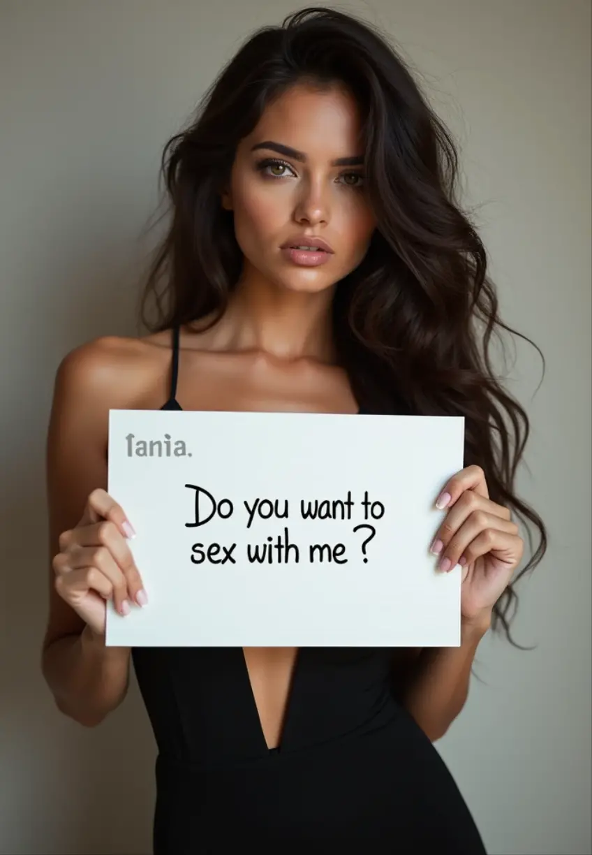 realistic photo of a selfie of a beautiful white pale girl with short black hair, blue eyes, freckles, she is sitting on the floor with her legs spread open, on her crotch she is holding a sign that says "Seré real??", with a provocative look and slightly smiling, candid photo, photo taken with an smartphone