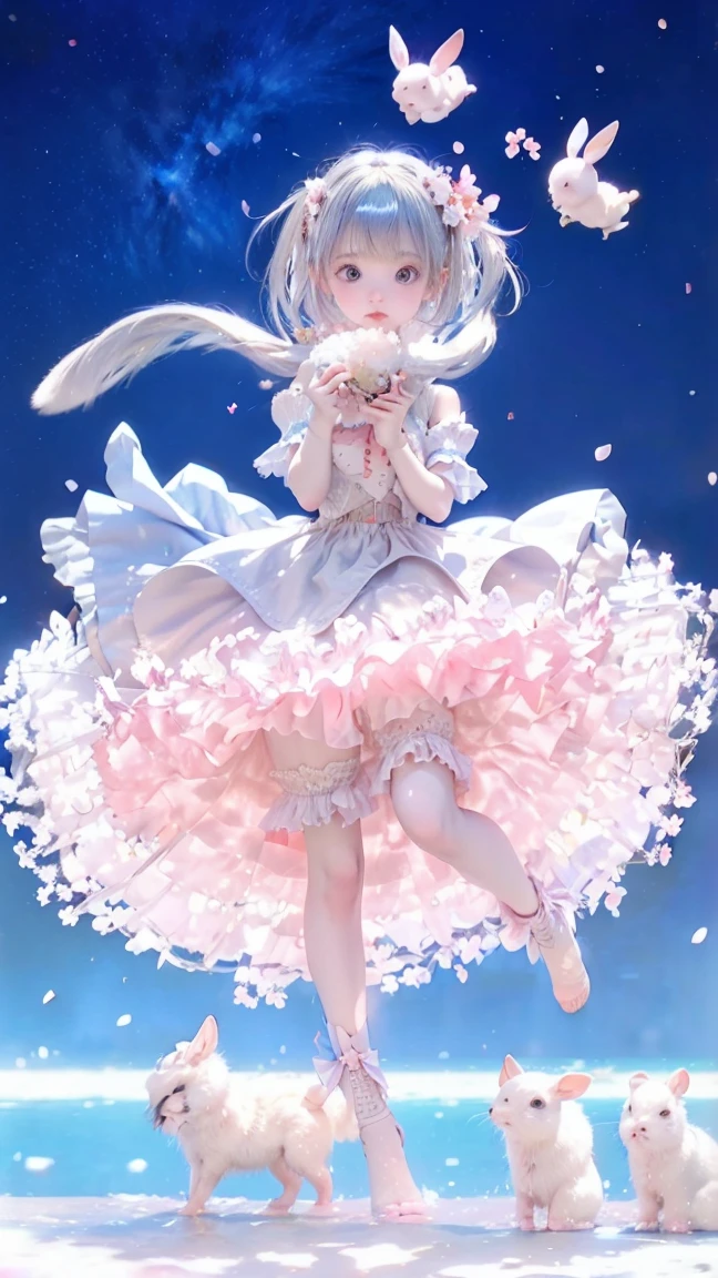 With an umbrella，A gorgeous design white slip dress，Whole body diagram，A pink-haired，blue color eyes，ornate headdress，Rabbit element，Angel element。