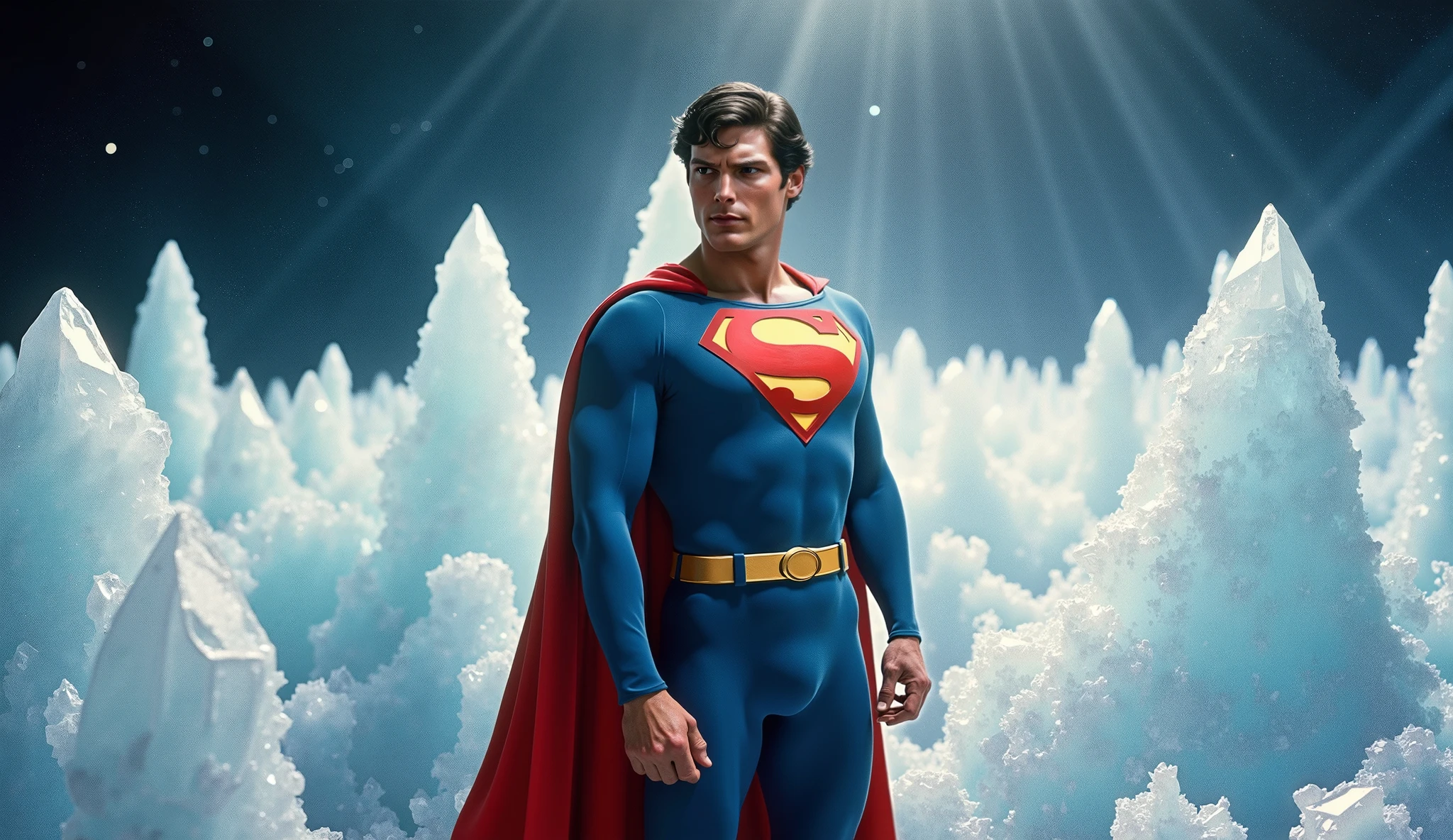 cinematic film still of <lora:Fortress of Solitude Style SD1.5:1.2>
Fortress of Solitude a wide shot of superman standing on top of a mountain next to a giant crystal tower from far distance, shallow depth of field, vignette, highly detailed, high budget, bokeh, cinemascope, moody, epic, gorgeous, film grain, grainy