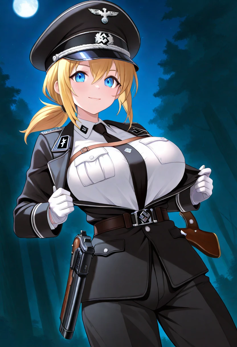 source_anime, rating_explicit, score_9, score_8_up, score_7_up, goth, gothic, blonde hair, short_hair, looking at viewer, hellsing, goth girl, ikuchan, smirk, green eyes, smirk, standing, portrait, masterpiece, face focus, tomboy, huge thighs, tiny waist, wide hips, huge breasts, cow pattern, cow pattern underwear, yellow cropped jacket, open jacket, casual, red eyes, cow pattern bra, sexy, seductive, twintails, outdoors, night, nighttime, moonlight, navel
