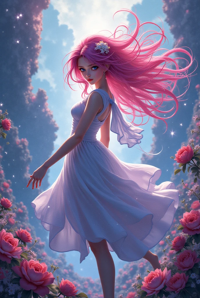 cinematic film still,score_9,score_8_up,score_7_up,masterpiece,best quality,8k,source_cartoon,source_アニメ, Young woman, Clear face, sexy, Attractive, Red Rose Night Dress, wind, Develops Long Hair Red with Purple, full height, moonlight falls on the girl, Column, Arch with Golden Patterns, night sky, stars, Large Scale Painting, Feel the Beauty, Everything Sparkles and Glitters, Very Beautiful Colors, Juicy Elaboration, masterpiece, bright colors, Clear Elaboration of Details, The picture is mesmerizing, ultra detail, 4K wallpaper, super resolution,pfstyle