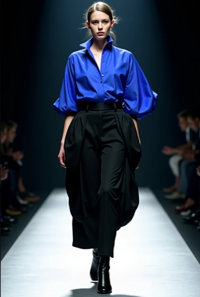 Adaptive Fashion: Clothes that change according to the environment。Fabric that changes its material in response to temperature and humidity。Design with color-changing and shape-memory functions。The background is the gorgeous runway of Paris Fashion Week。