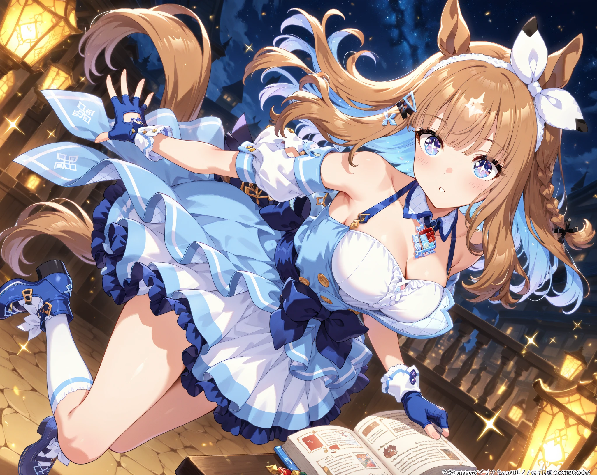 ArimuraShion, light brown hair, long hair, ahoge, hair bow, blue eyes, ,large breasts,, Live Stage, solo,