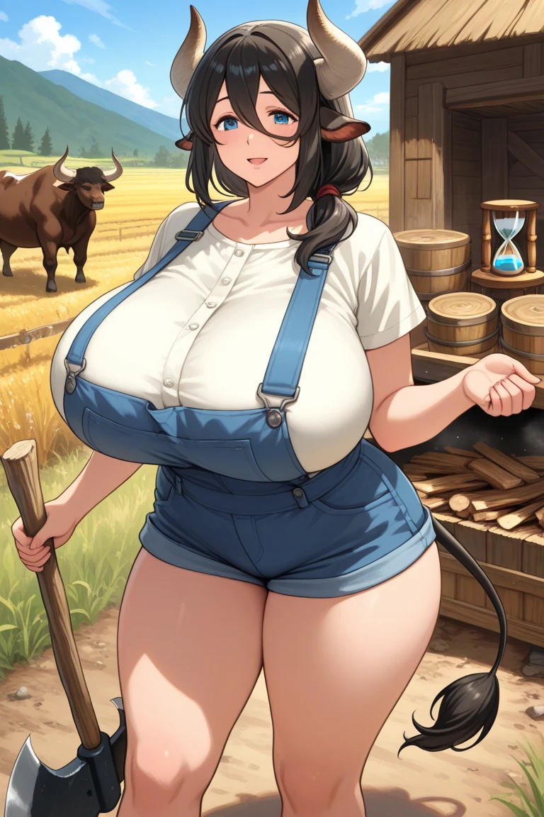 Minotaur woman, giant breasts, cow woman, bell necklace, alone woman, fantasy race, farm site