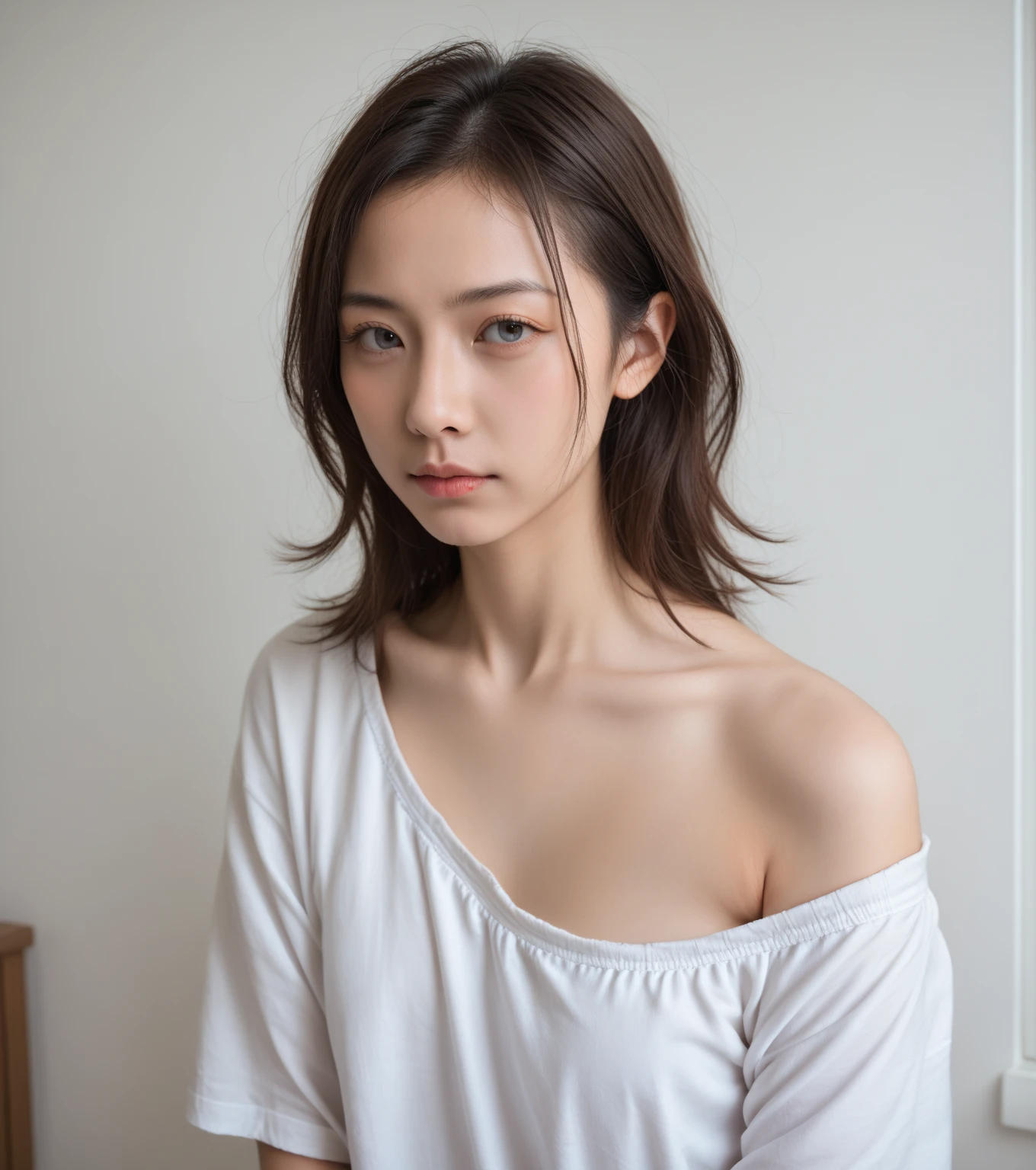 (8k,RAW photo:1.2,best quality:1.4,masterpiece:1.2,UHD:1.2),(realistic, photorealistic:1.4,ultra highres:1.2),1girl,japanesgirl,16 yo,cowboy shot, (looking at viewer:2),no makeup,ultra-detailed,ultra detailed skin,ultra realistic skin,brown hair,brown eyes,short hair,white T-Shirt,(very white skin,very clear skin,very pale color skin),natural lighting,(CONTAX RTS,Carl Zeiss Planar 85mm, F/1.4),