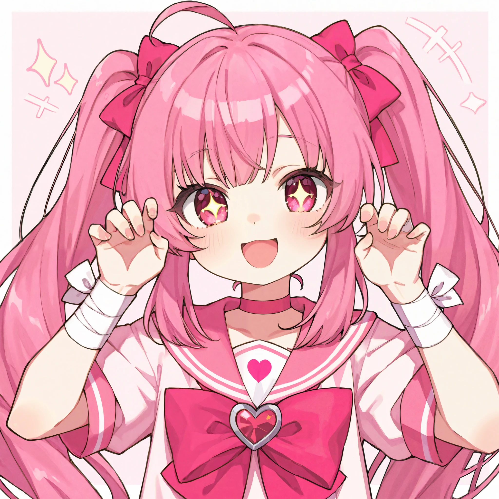 1 girl、pink long twin tails、my bangs are straight、my eyes are slightly reddish pink。clear eyes、cute、I'm wearing a pink short-sleeved sailor suit。Bandage on wrist、smiling with open mouth、smile、cute pose。From the chest up、 sparkling。 icon。
