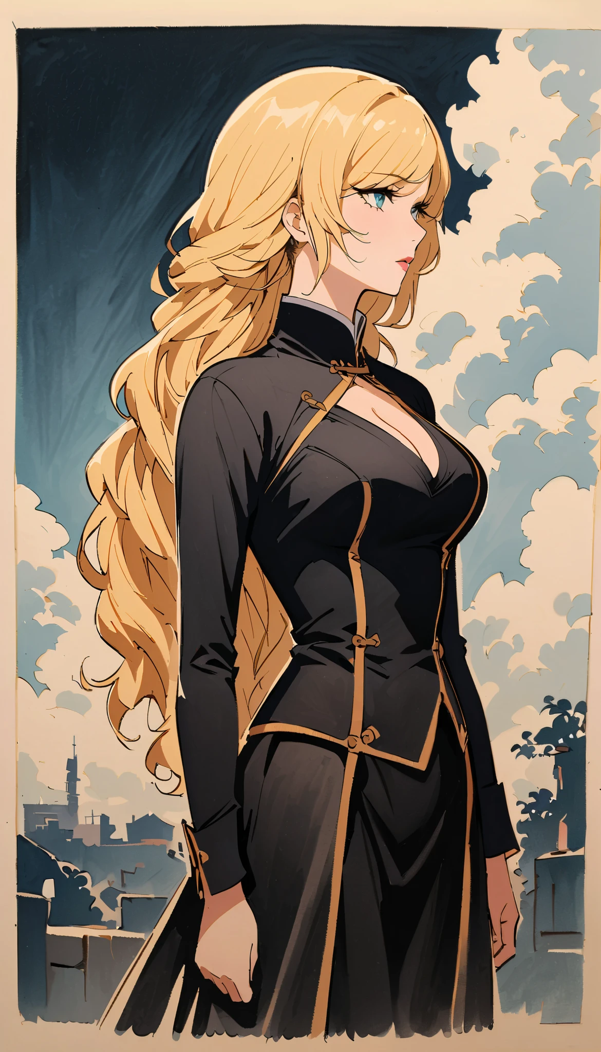 vintage movie, woman, mature, wavy blonde hair, woman body, black top, black bodycon skirt, black boots, dark room, Silhouette of clouds, traditional media, Contemplative. yang xiao long from rwby, dutche angle, ((perfect nose)), ((smal earning)