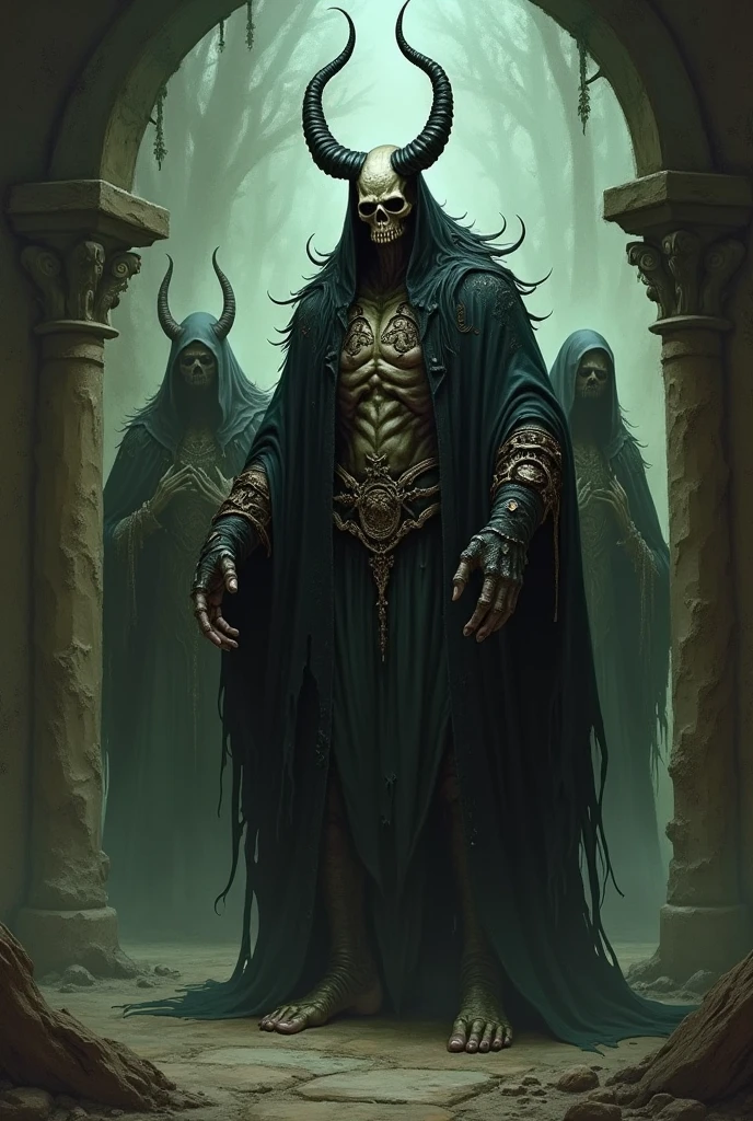 monstrous, Beautiful, Masterpiece, Best quality, perfect lighting, monster smile with crooked fangs, mask covering eyes, vitruvian man, Very skinny, disproportionately long arms, A sinister aura, something, chained, deity, pentagrams, cultist clothing