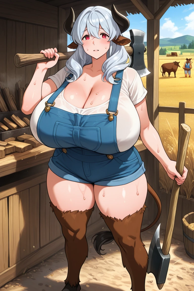 Generates a woman with huge penis crying naked being milked by the breasts on a farm with a device to milk together with some cows that are also being milked, big tits, milking tits and penis