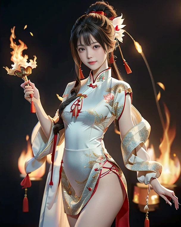 (Masterpiece artwork, top-quality, best qualityer, offcial art, beautiful and seductive aesthetics:1.2), (1woman:1.2), sexly, large bangs on one side of the face, Extremely Detailed,(resumlistum:1.4, Fractal Art:1.3),(silver_hair:1.1), Destiny \( series\), blackw, More Detailed, fire, , lightning, (splash_art:1.2), jewelly:1.4, Hanfu, Scenario, blackw e prata, black snake with red eyes