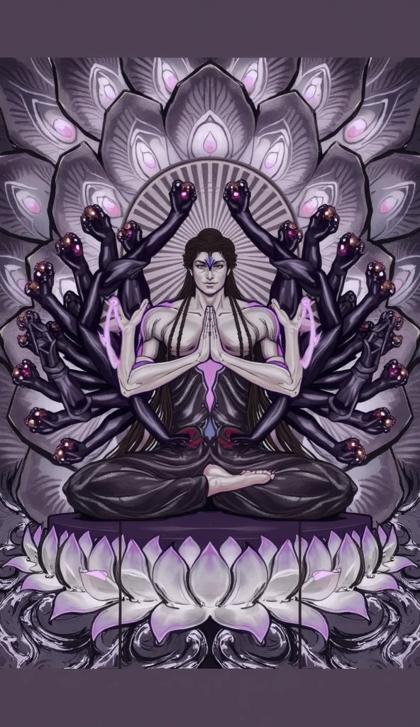Create a highly detailed and atmospheric digital painting of a cosmic dark entity meditating in a lotus position on the surface of a barren planet. The entity has a shadowy, featureless face and a muscular humanoid body covered in dark organic tendrils that appear to flow and twist around it.. A bright red crystal is embedded in his chest, pulsating with dark energy. Above the head of the entity, A spinning purple and black cosmic vortex with a glowing mystical orb at its center radiates power, Shedding an ethereal light. The background features a vast star-filled galaxy with purple nebulas and distant cosmic phenomena., creating a sense of infinite space and power. The lighting is dark and sinister, and the main sources of light are the glowing red crystal and the mystical orb. The overall color palette is dominated by deep purples., black and touches of red, evoking a sense of cosmic mystery and power.