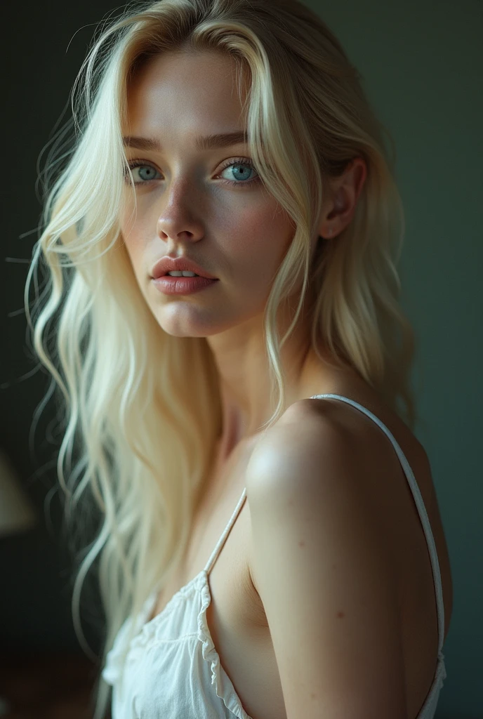 girl, 17 y.o, blonde, pale skin, albino, only blushed flirting eyes visiblevery Detailed, awesome Quality, reflecting, luminescent, translucent, Ethereal, very detailed, uhd, masterpiece, White smoke, light beams through smoke, full body