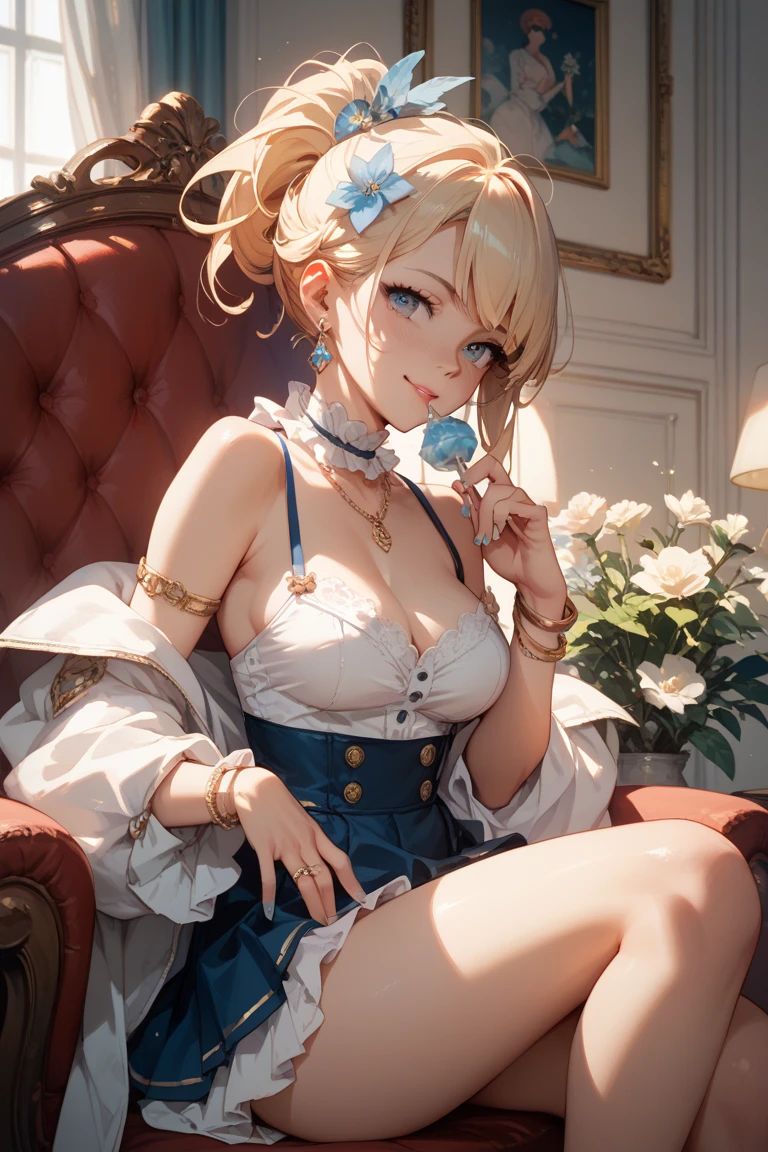 ((barbara_Genshin Impact)):1.5,((masterpiece:1.5, Highest quality, Highly detailed images, Beautiful images)). (barbara images, Hanging Garden、Bright natural light throughout、Backlight、A fantastic atmosphere、Dust flutters、background:ruins), (barbaraの全身像、from side)、(Beautiful Eyes:1.68、Mid-chest、Great cleavage), (smile、Wink、Close one eye、Sitting in a chair)