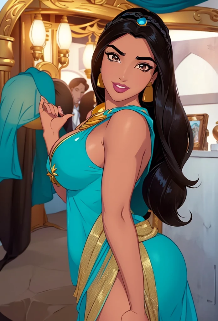 1 solo girl,(masterpiece), best quality,black expressive eyes, perfect face, no extra clothes, ((perfect shaped beautiful body)), massive sized boobs, curvy shaped perfect and beautiful body, blue and golden colour sari, gold and necklace on her body, front facing, cute smile,long black hair, forehead jewelry on her head, temple architecture background , sunlight, ultra realistic body , half naked
