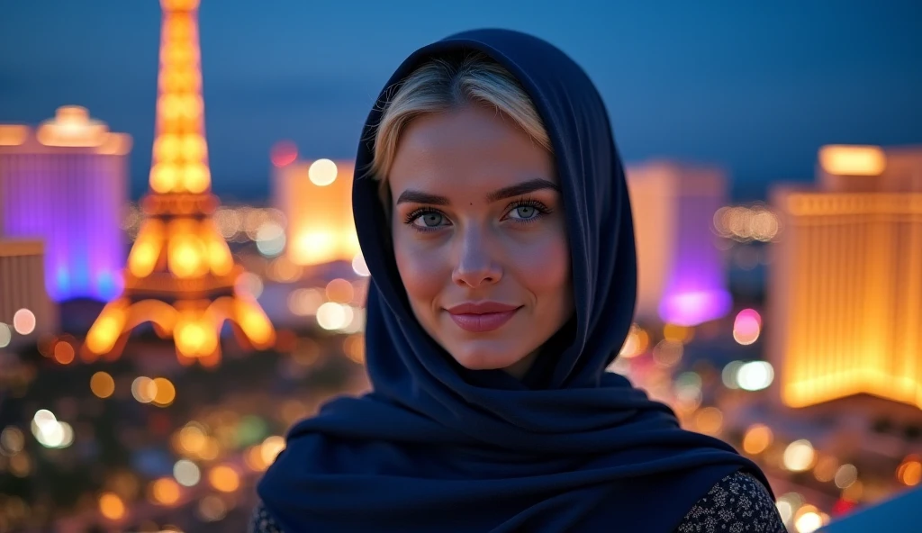 (((30 years old woman with ultra realistic face 4k blue eyes wonderful complexion black silk hijab with silk long sleeve black dress whole body is shown in paris at sunrise)))