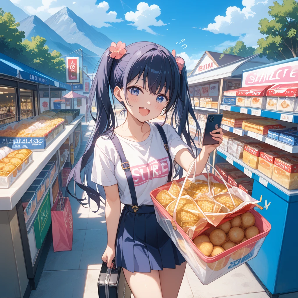 (top-quality、in 8K、32K、masterpiece、UHD、ighly detailed、watercolor paiting、Impresionismo:1.2)、Full body, (shopping street:1.4)、realistic shadow、beauitful face、blurry backround、16-year-old beautiful girl、shinny skin, Beautiful black hair、Blunt bangs、 braided ponytails、Brown eyes、a sailor suit、pleatedskirt、Black socks、Black shoes、A smile、Striped panties、thighs thighs thighs thighs、from the front side、Opening legs、