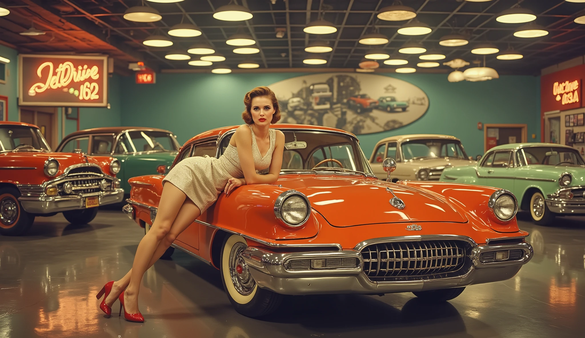A woman with red lipstick and a structured silver dress leaning on the hood of a retro hovercar, in a showroom full of other shiny flying vehicles, neon reflections on the polished floor and a billboard reading “JetDrive ‘62”