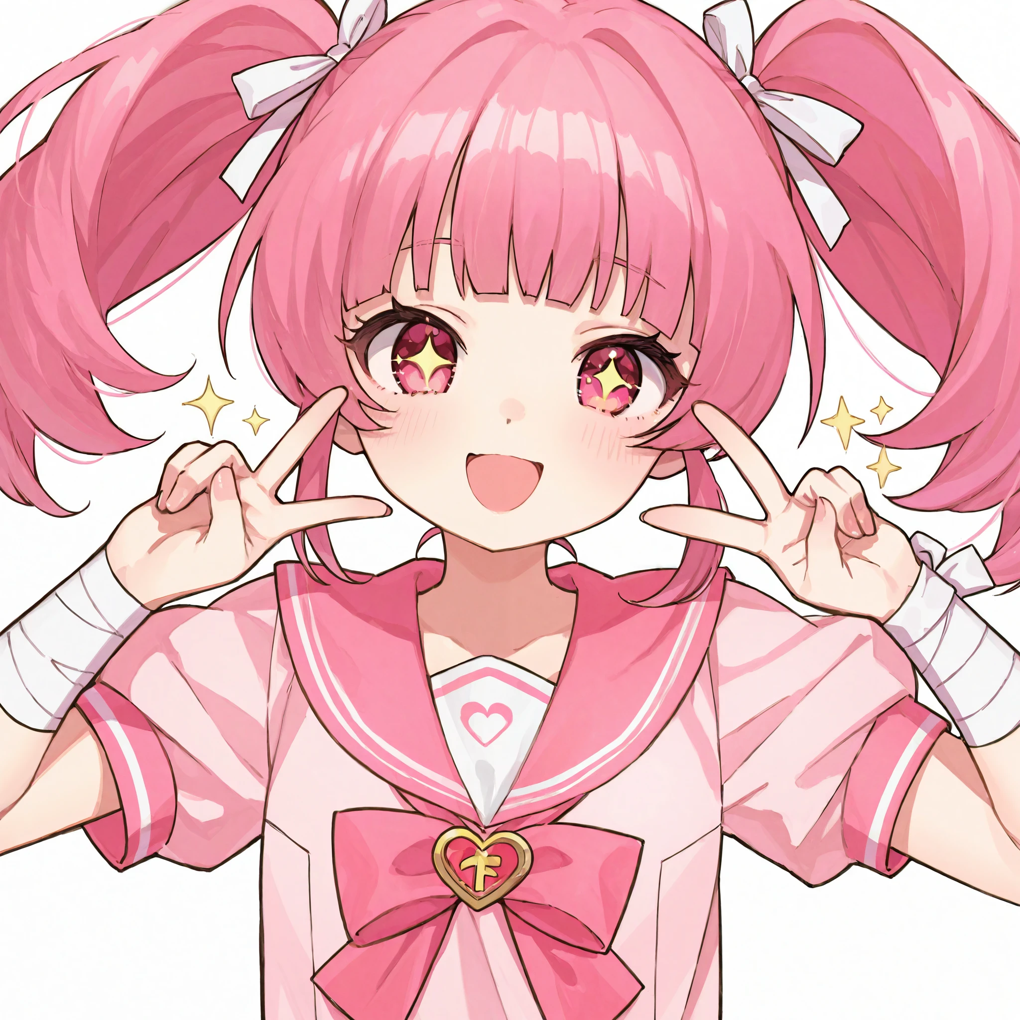 1 girl、pink long twin tails、my bangs are straight、my eyes are slightly reddish pink。clear eyes、cute、I'm wearing a pink short-sleeved sailor suit。Bandage on wrist、smiling with open mouth、smile、peace sign、From the chest up、 sparkling。 icon。