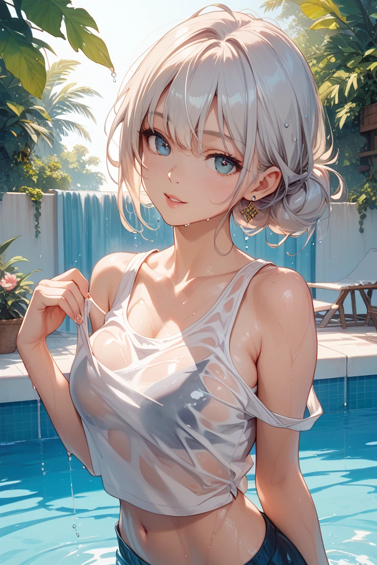 SAUNA,sitting,spread legs,(fellatio gesture),(floating in water),(soaked),(clothed:1.5),baggy t-shirt,(see through),lace swimsuit,(random porn pose),silver hair,(Thin type:1.5),(large breasts),(random hairstyle:1.2),(Highest image quality, (8K), Ultra-realistic, Best Quality, High quality, High Definition, high quality texture, high detailing, Beautiful detailed, fine detailed, extremely details CG, Detailed texture, realistic representation of face, masterpiece, presence)