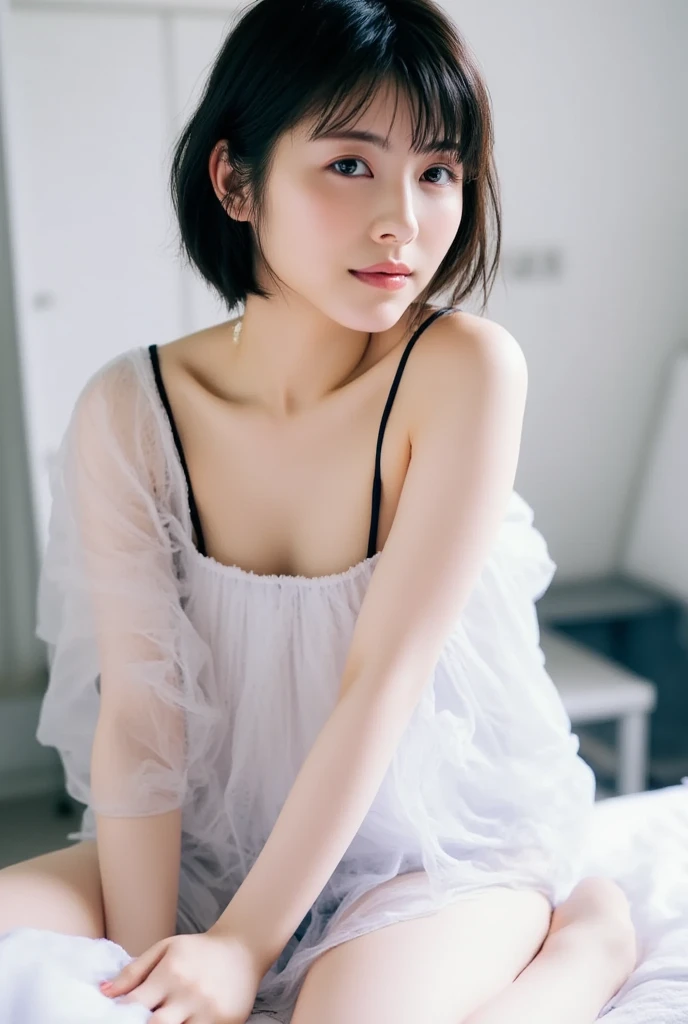 (((Bird-eye perspective))), (((panty shot:1.3,))), (((laying in bed:1.5, Bend your knees and lift your legs.))), (((dressing:1.5)))) (((The garment is worn reliably....:1.5))), ((Reliable Dress:1.5)), (((The lower part of the body is bare)))), (((bath towel tube top, White panties)) ), smiling smile, 1girll, 独奏, 18 years-old, 7 Head Body, Ideal proportions Body proportions, Erection nipples, short-hair, A dark-haired, With bangs, tiny boobs, skiny, Small hips, beauty leg , hyperrealism, Cinematic lighting, depth of fields, One-person viewpoint, f/1.8, 135mm, NFFSW (english) (english) (english) (english) (english), masutepiece, ccurate, ((Anatomically accurate.)), textured skin, super detaill, high detailed, High Quality, Award-Standing, Best Quality, Hight Resolution, 8K