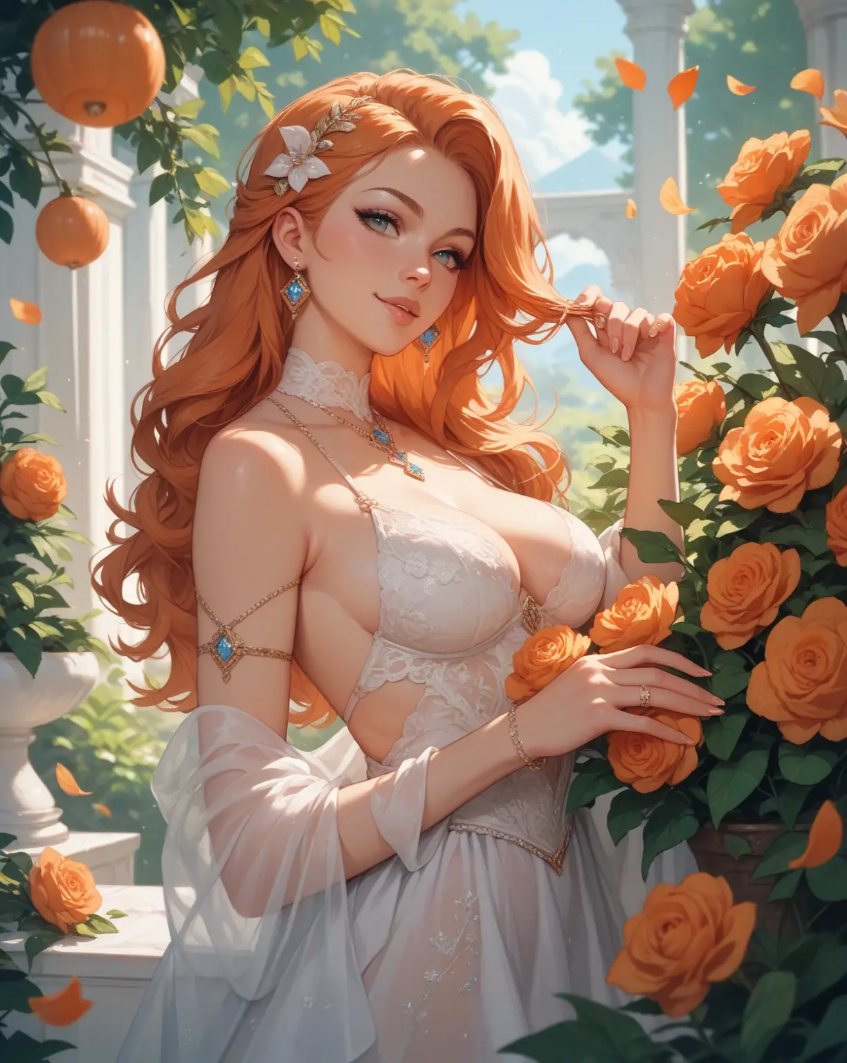 vanilla,final fantasy 13,FF13,orange hair,twin tails,light perm hair,Beautiful emerald green eyes,white skin,Red ruffled dress,super high quality,super high quality,masterpiece,digital single lens reflex,realistic,Detailed details,vivid details,depicted in detail,detailed face,Detailed details,Super detailed,realistic skin texture,based on anatomical basis,perfect anatomy,anatomically correct hand,anatomically correct fingers,Complex 3D rendering,Huge ,sexy pose,beautiful tulip field,Final Fantasy Worldview,fantastic morning sun,Amazing blue sky,beauty like a painting,Take a full body photo,nine-headed body,pink lip,Beautiful curly hair,emphasize the beautiful whole body,smile,