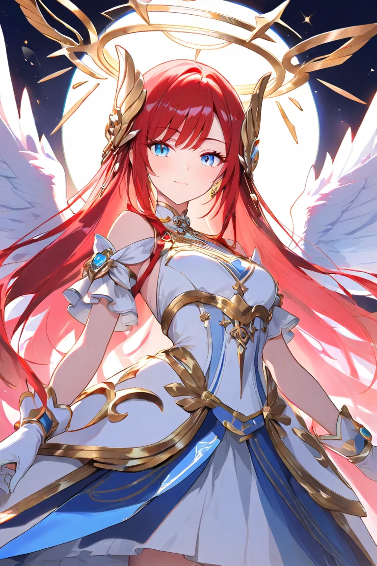 A woman with red curly hair, blue-eyed wearing golden armor with golden wings, sitting on a platinum throne