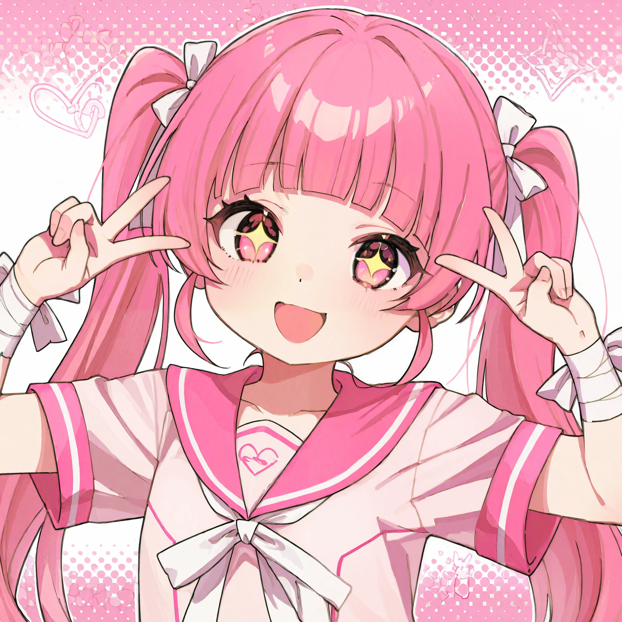 1 girl、pink long twin tails、my bangs are straight、my eyes are slightly reddish pink。clear eyes、cute、I'm wearing a pink short-sleeved sailor suit。Bandage on wrist、smiling with open mouth、smile、peace sign、From the chest up、 sparkling。 icon。background is pink。