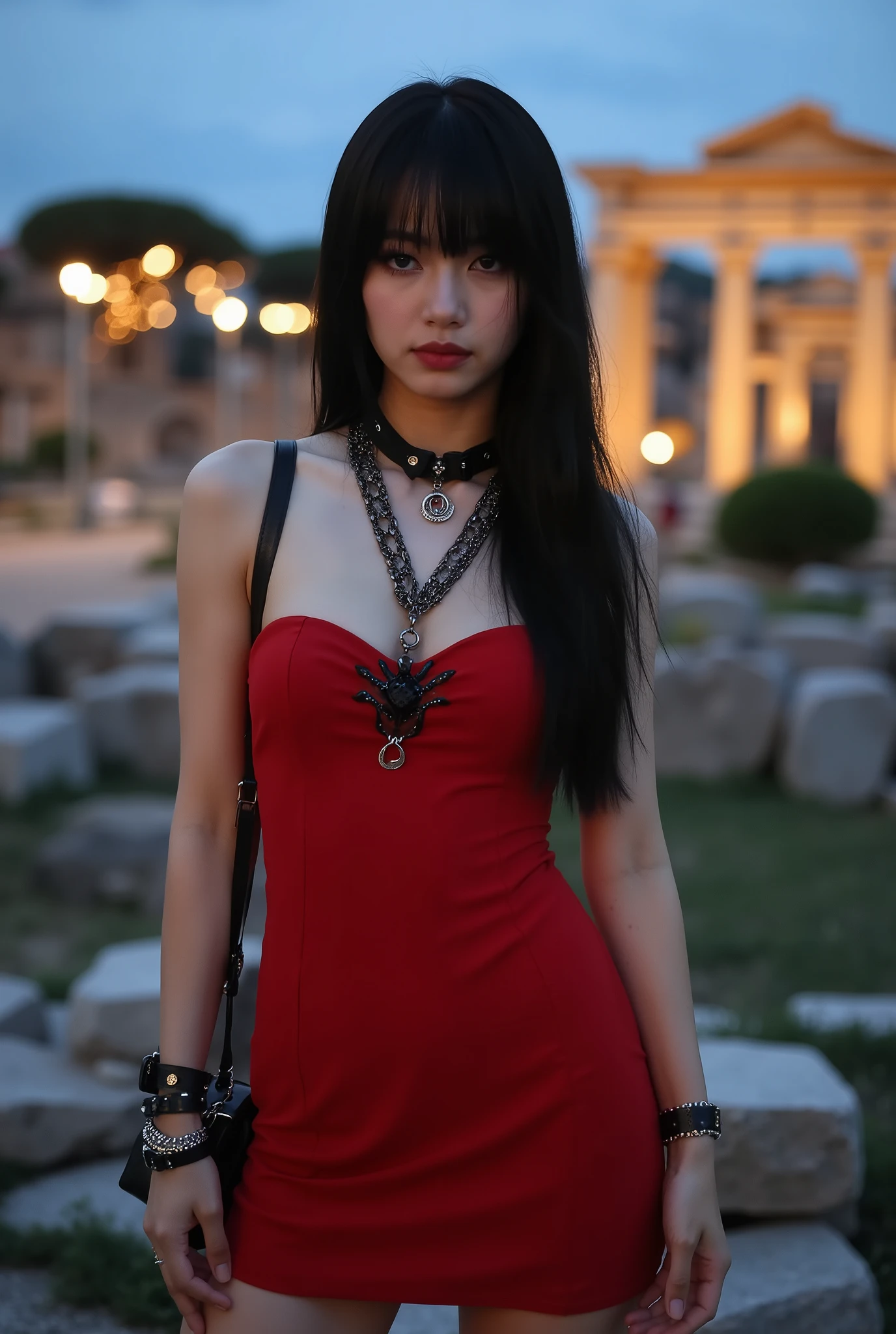 Create a stunning portrait of a beautiful Japanese female singer. She has a slender body, small bust, and thin legs, with long hair and bangs. She's wearing a red Gothic-style mini dress and Gothic makeup. The background features ancient Roman ruins, set during the evening, captured from a dynamic angle.