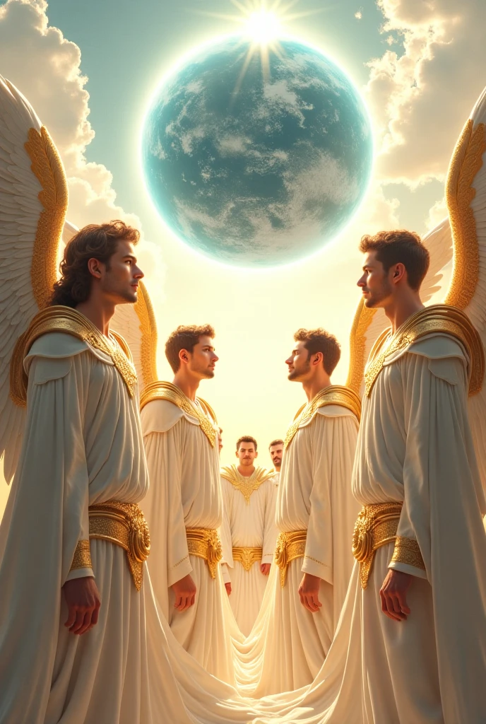 Icarus and the Council of the Gods: Comece com um fundo celestial repleto de estrelas. Put Icarus flying among the gods of Olympus, who are observing and discussing their journey. Add elements like divine rays or golden clouds to enhance the scene.
