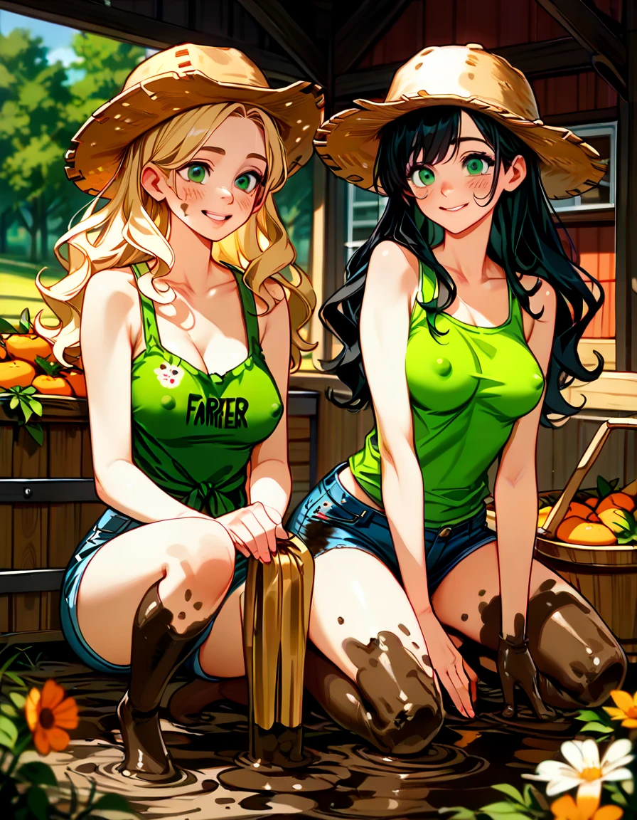 (Masterpiece, Top-quality), (Biblical Couple:1.5), Adam - (Muscular build, Toned physique, Lean abs, Aloof expression, Nude, Covering himself with leaves), Eve - (Voluptuous figure, Full breasts, Yellow dress with red apple detail, Seductive smile, Tempting gaze, Sensuous pout), (Garden of Eden, Shady trees, Golden sun setting, Serene river, Colorful flowers, Butterflies flying), (High resolution, Realistic rendering, Cinematic lighting, Physically-based shadows), (Original Sin, Serpent sneaking nearby, Apple tree in the background), (Detailed:1