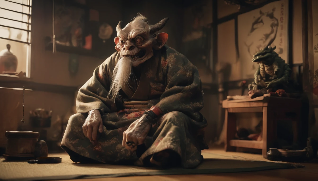 A white-haired man with dog ears and red eyes, wearing a yukata and a scar over his left eye.