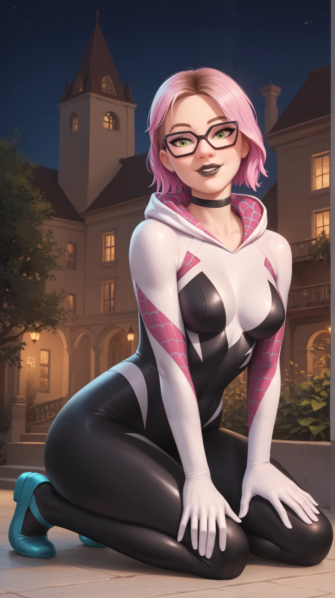 girl (masterpiece), choker, black lips, evening, beautiful green eyes, short pink hair, glasses,girl (masterpiece), choker, black lips, evening, beautiful green eyes, short pink hair, glasses, white light, Spider-Gwen tight suit, white with black,mischievous smile,mischievous smile,smiling,kneeling, on top of a building,