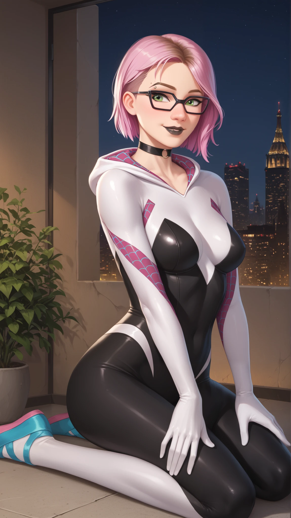 girl (masterpiece), choker, black lips, evening, beautiful green eyes, short pink hair, glasses,girl (masterpiece), choker, black lips, evening, beautiful green eyes, short pink hair, glasses, white light, Spider-Gwen tight suit, white with black,mischievous smile,mischievous smile,smiling,kneeling, on top of a building,